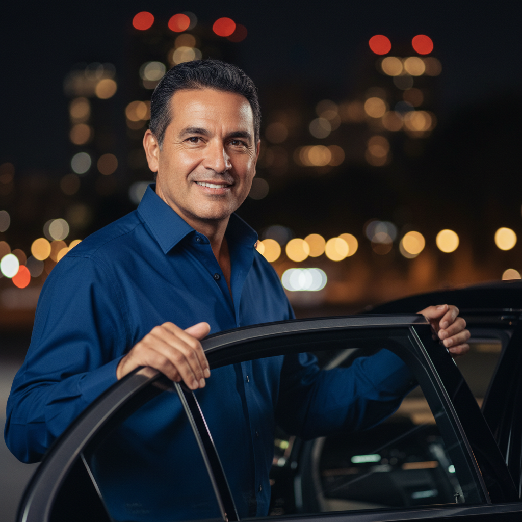 Friendly professional taxi driver standing by an open car door at night
