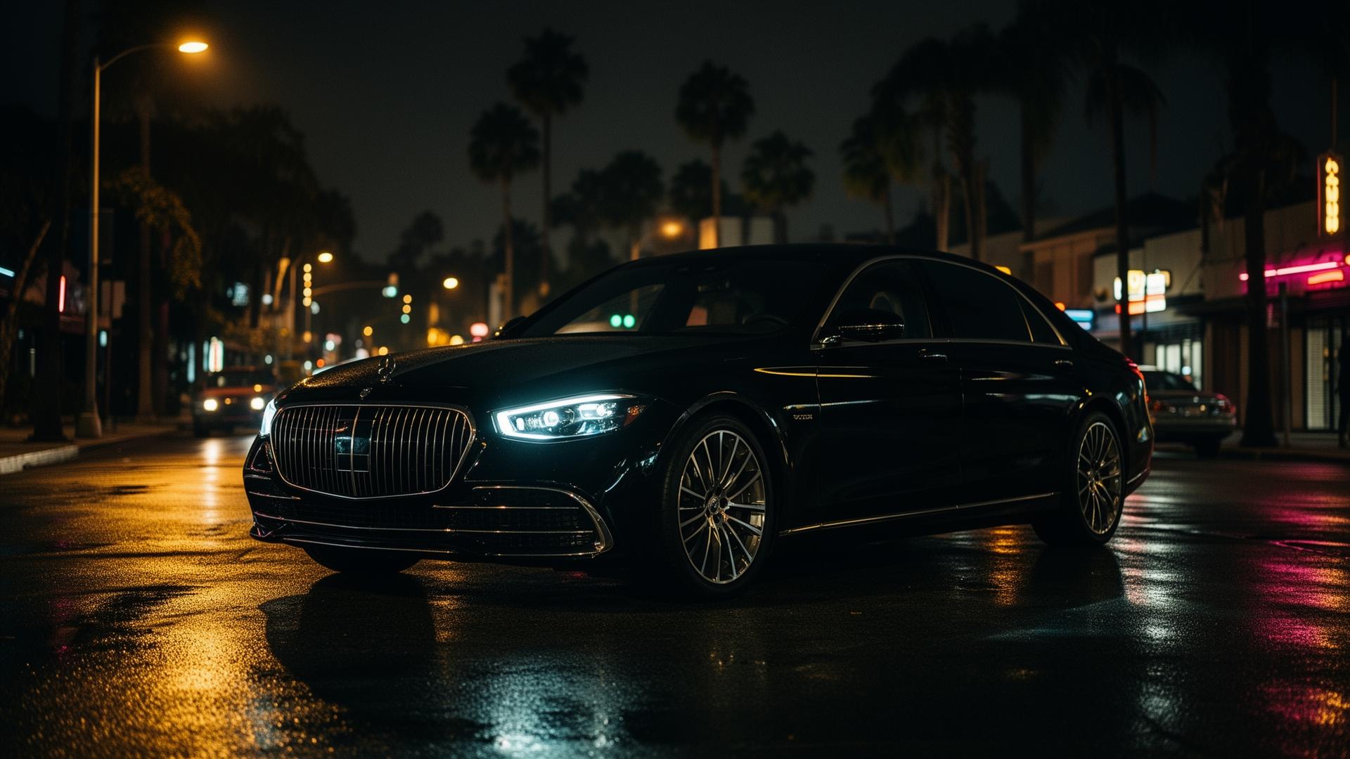 Premium black sedan on a wet Anaheim street at night
