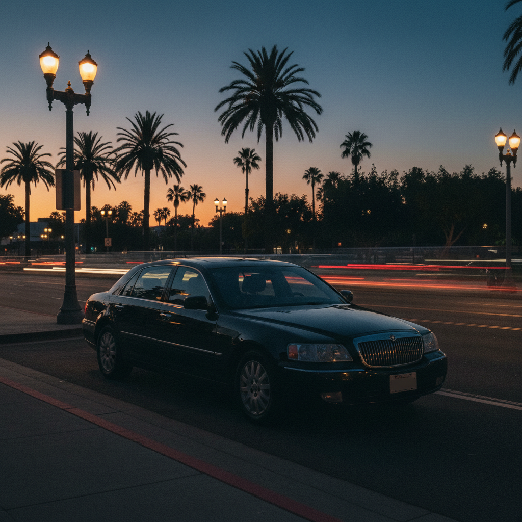 Black premium sedan taxi parked on an Anaheim street at dusk with palm trees