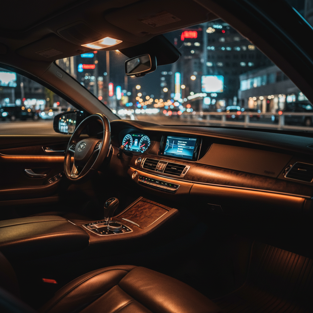Clean luxury interior of the taxi with warm dashboard glow at night